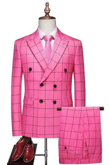 Pink Plaid 2 Pieces Peak Lapel Men's Prom Suits